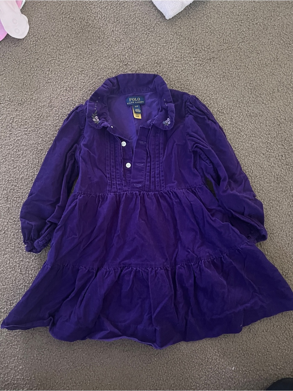 Polo by Ralph Lauren Girls' Purple Velvet Tiered Dress with Embroidered Collar